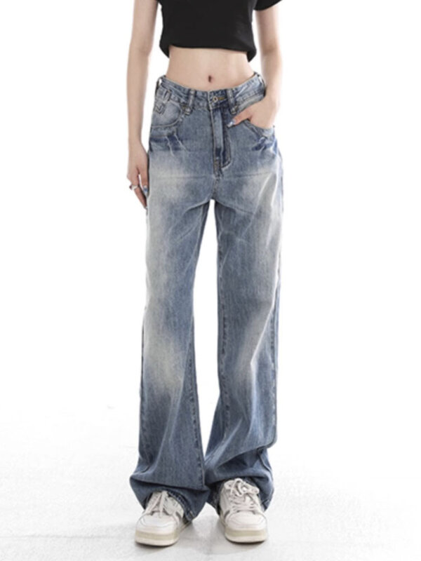 Hoge Taille Mode Uitlopende Jeans Dames Vintage Baggy Gradiënt Kleur Basics Broek Chique Herfst Hoge Kwaliteit Denim Broek