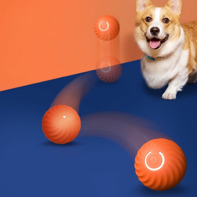 ลูกบอลไฟฟ้าอัจฉริยะสำหรับสุนัขอัตโนมัติสีฟ้า/ส้มลูกบอลซิลิโคน52มม. ของเล่นสัตว์เลี้ยงเคลื่อนไหวได้