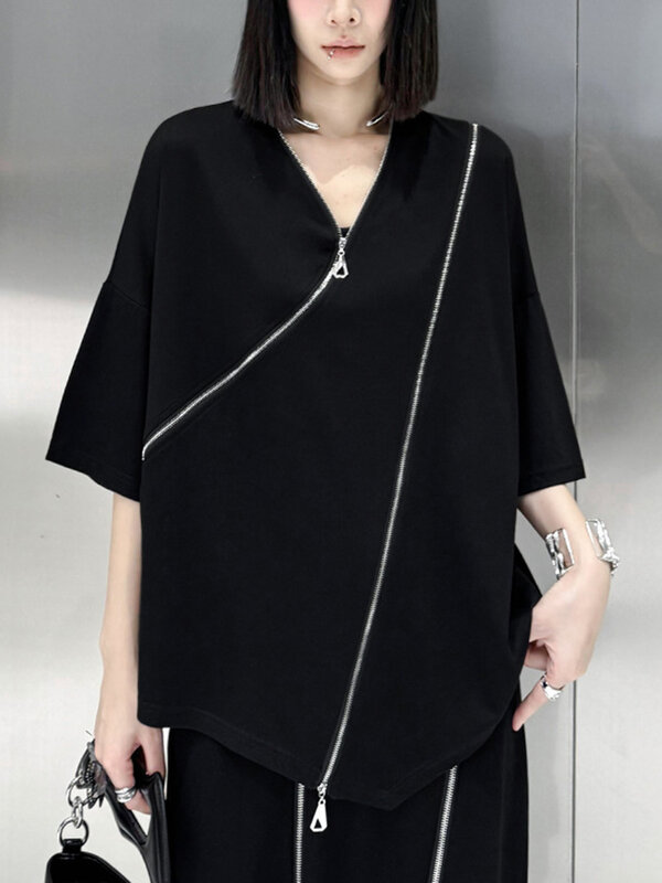 [EAM] Black Zipper T-shirt Half-body Skirt Two Pieces Suit New V-Neck Short Sleeve Women Fashion Tide Spring Summer 2024 1DH5408