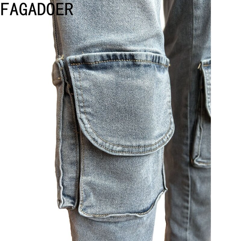 FAGADOER-Pantalon Cargo en Denim Bleu pour Femme, Taille Haute, Poches, lèvent, Bas de Cowboy FjFemelle, 2024