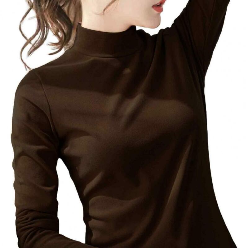 Fall Winter Women Top Half-high Collar Neck Protection Long Sleeve Thick Warm Pullover Simple Windproof Bottoming Blouse