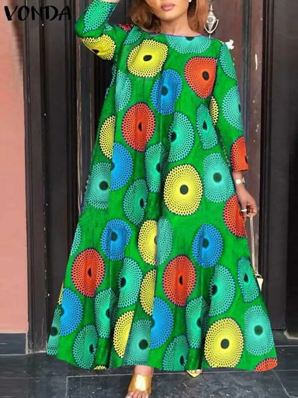 Летнее винтажное длинное платье размера плюс 5XL VONDA, женский модный Богемный Макси Сарафан с принтом, повседневный свободный женский халат с рукавом 3/4