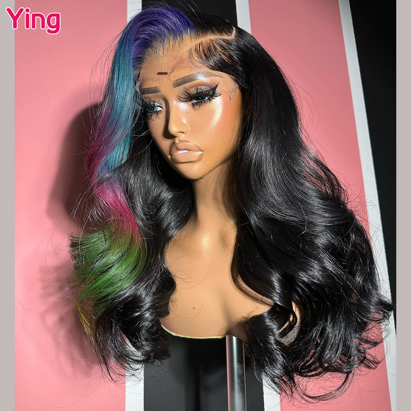 Ying Highlight-Bleu com peruca de onda corporal rosa, peruca frontal transparente do laço, cabelo humano pré-arrancado, 13x4, 5x5, 13x6