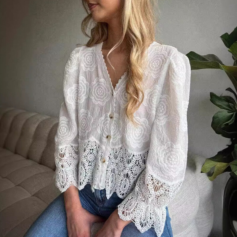 Temperament 2024 Chiffon V-neck Blouse Blusa New Spring Floral Embroidery Long Sleeve Cardigan Women Causal Lace Stitching Tops