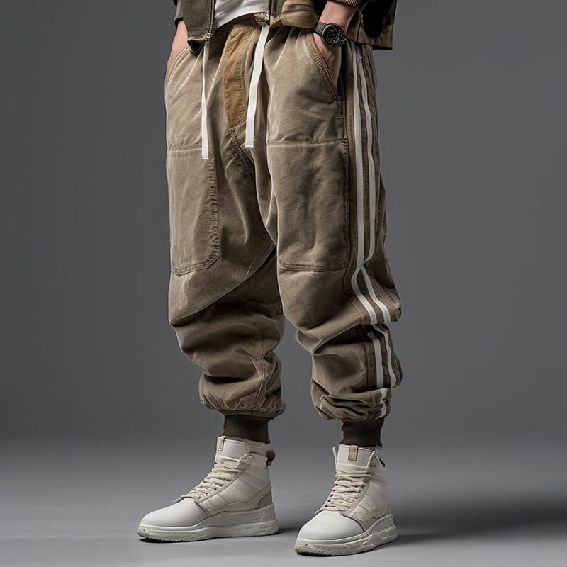 Charmkpr-Calça comprida casual masculina, elástico na cintura, ajuste solto, listra vintage, patchwork, calças com cordão, verão, 2024