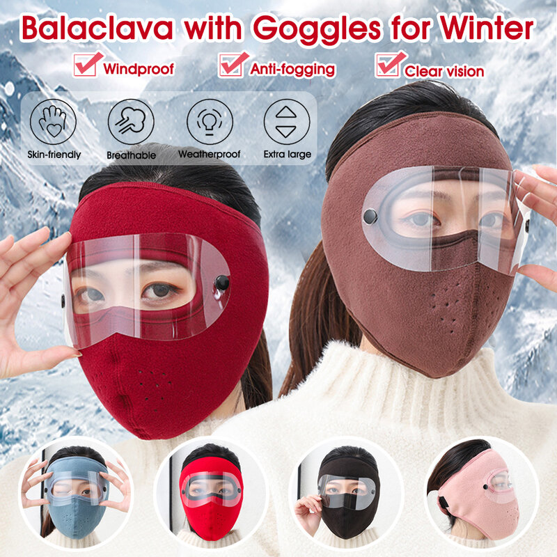Unisex Balaclava Autumn Winter Face Cover With Clear Goggles Windproof Fleece Lined Cover For Men Women 360° Full-coverage Mask