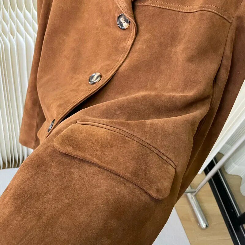 High-End Brown Women Suede Coat Real Leather Outwear Button Outfit Spring Autumn Women Fashion Short Thin Female Jacket