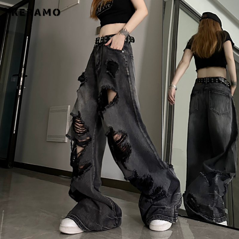 Women's Distressed Design Wide Leg Hole Jeans Summer New Street Unisex Style Trousers Loose High Waist Straight Denim Pants