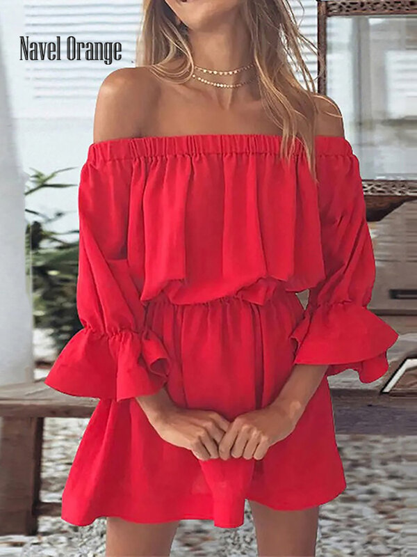 여름 캐주얼 여성 하프 플레어 슬리브 파티 드레스, 인쇄 슬래시 넥 미니 드레스, 스위트 섹시 홀리데이 스트리트웨어