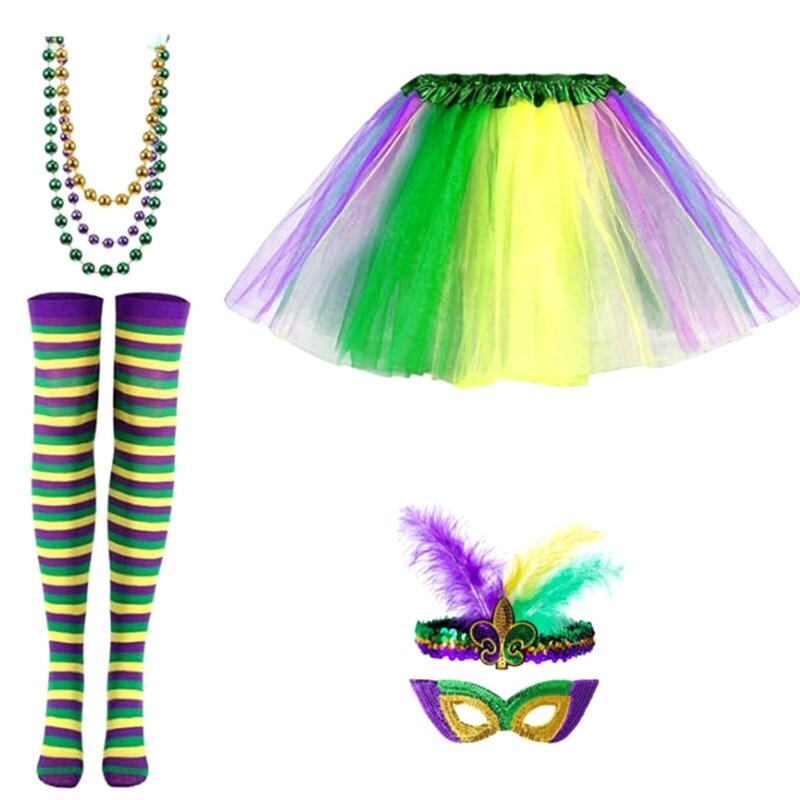 Костюм Марди Гра, аксессуары для карнавала, праздника, повязка на голову с блестками, ожерелье из бисера, юбка-пачка, жирный