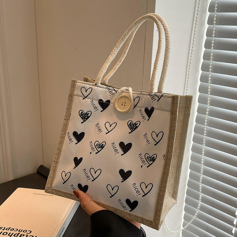 New Love Handbag Linen Handbag Lunch Box Bag Japanese Cosmetic Portable Shopping Bag Versatile Casual Women'S Bags Drop Shipping