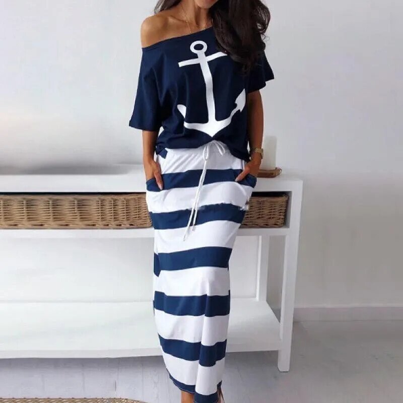 Summer Casual Women's off-the-shoulder Top T-shirt & Striped Long Skirt Slim Striped Collar Ankle Long Dress Two-piece Suit