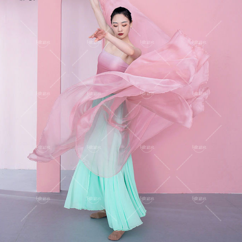 ممارسة نسائية شعبية صينية حديثة بطبقتين ، ملابس رقص خيالية أنيقة ، فستان درجة ، كلاسيكي ، ملون