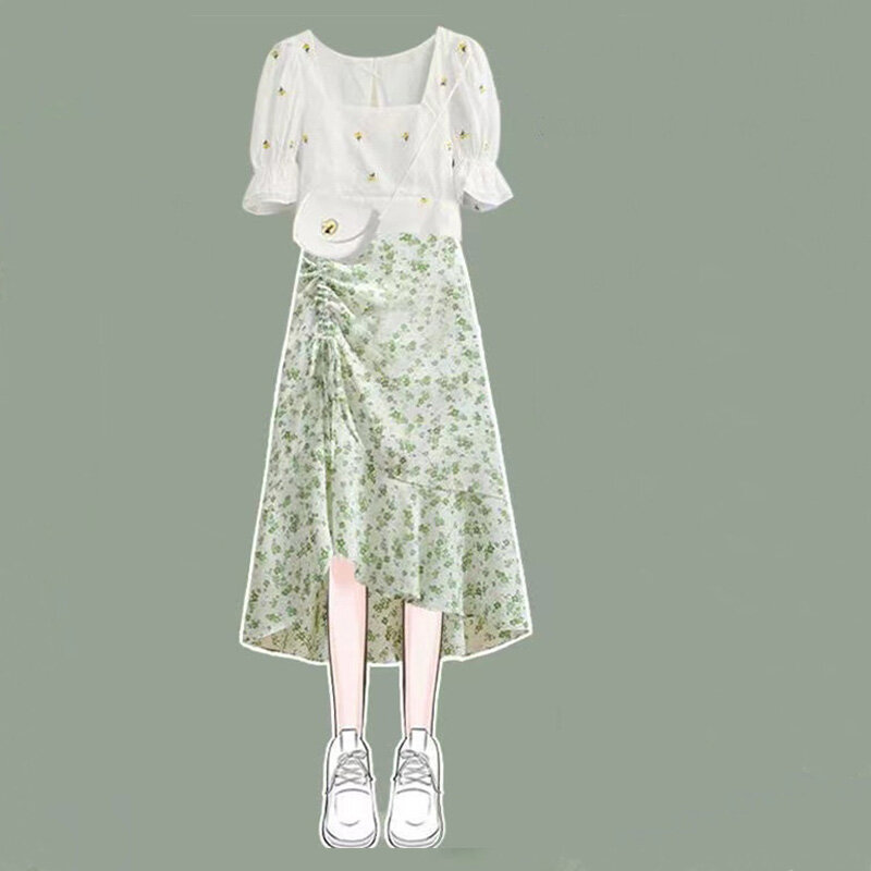 Set lengkap pakaian musim panas dua potong, Set gaun renda motif bunga Wanita kebesaran baru 2024, Rok setengah pelangsing