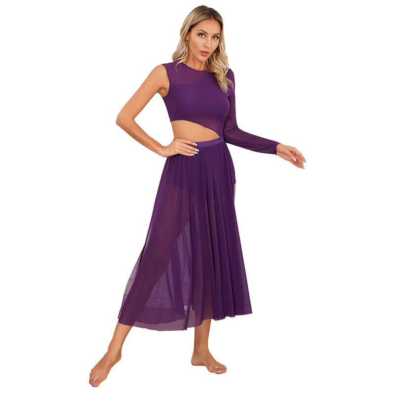 Womens Lyrical Dance Costume Single Shoulder Cut Out Waist Ballet Split Tulle Mesh Flowy Overlay Long Maxi Skirt Dancewear