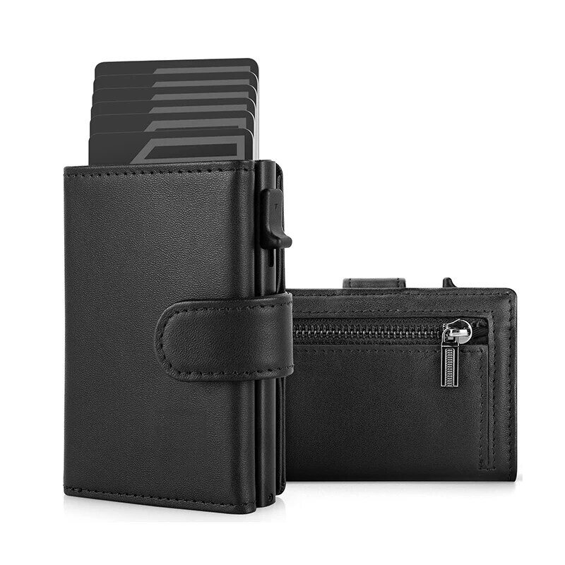 Тонкий минималистичный выдвижной кожаный мужской кошелек, мужские кошельки с блокировкой RFID, металлический чехол для банковских карт с карманом для монет