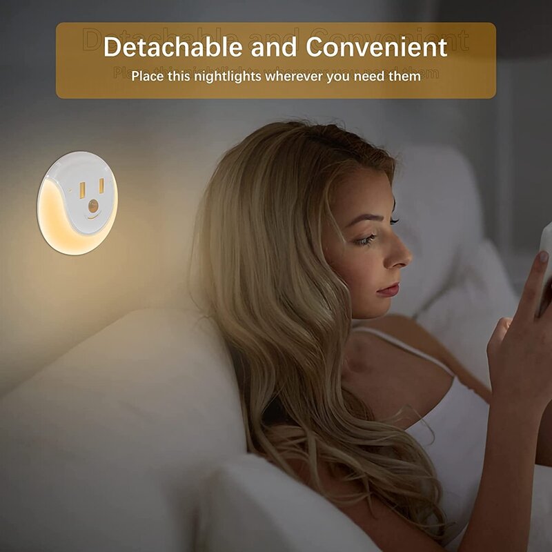 ไฟไฟ LED กลางคืนพร้อมเซ็นเซอร์ตรวจจับการเคลื่อนไหวชาร์จไฟได้ USB lampu tidur หน้ายิ้มมี3โหมดแสงไฟสำหรับห้องนอนแพ็ค2ชิ้น