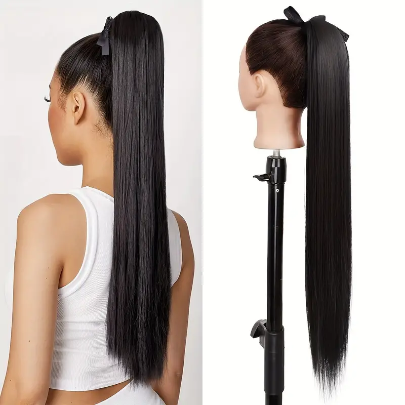Black Friday 60cm Synthetic Ponytail Long Straight Black PonyTail Hair Extensions Heat Resistant Horsetail Hairpiece For Women