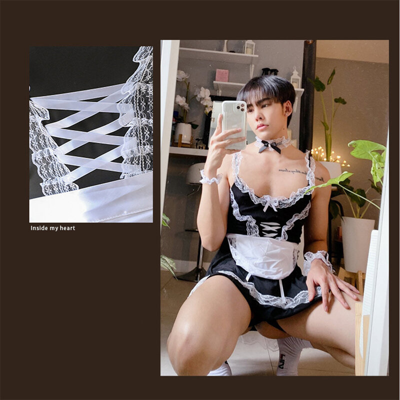 Mens Sexy Sissy Plus Size Lingerie Set Man Cosplay Maid Outfit Lace Suspender Skirt Roleplay Crossdresser Gay Fetish Dress Suit