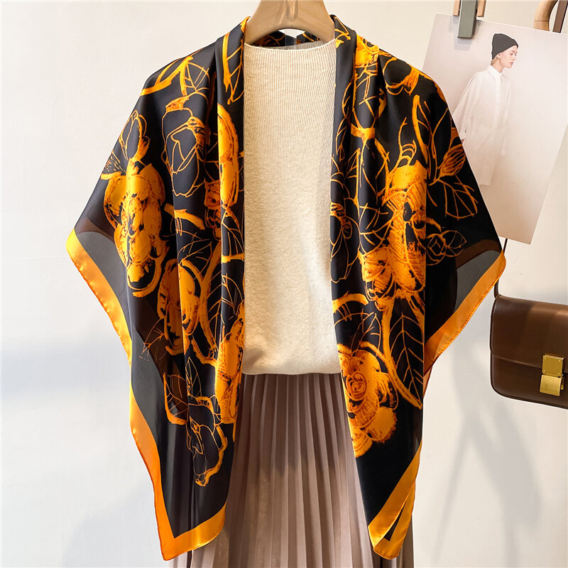Bufanda cuadrada de seda para mujer, chal grande de diseño, protector solar, Hijabs, 2023 cm x 110cm, Foulard, 110