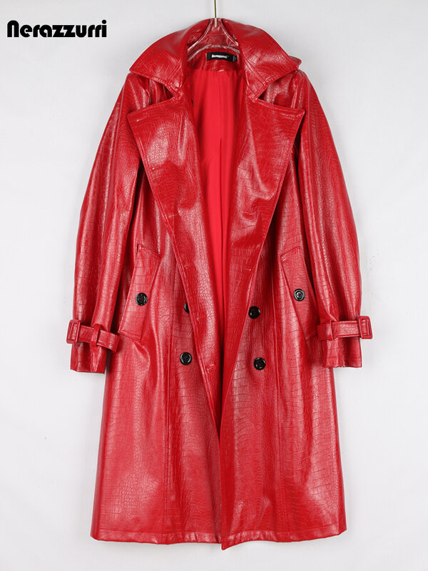 Nerazzurri primavera lungo rosso lucido duro coccodrillo stampa Pu Trench in pelle per le donne cintura doppio petto moda europea 5xl