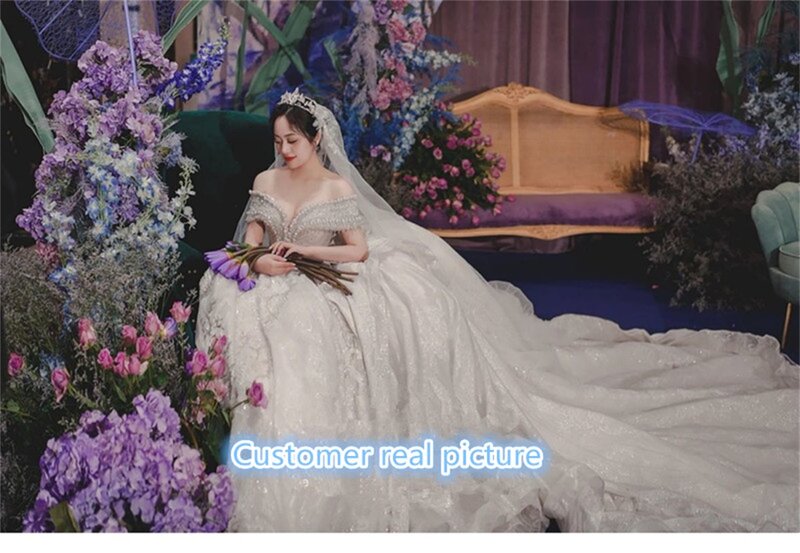 Dubai Arabië Crystal Sequin Baljurk Trouwjurk Luxruy Glitter Sequin Pearl Bruidsjurk Off Shoulder Huwelijk Robe De Mariee
