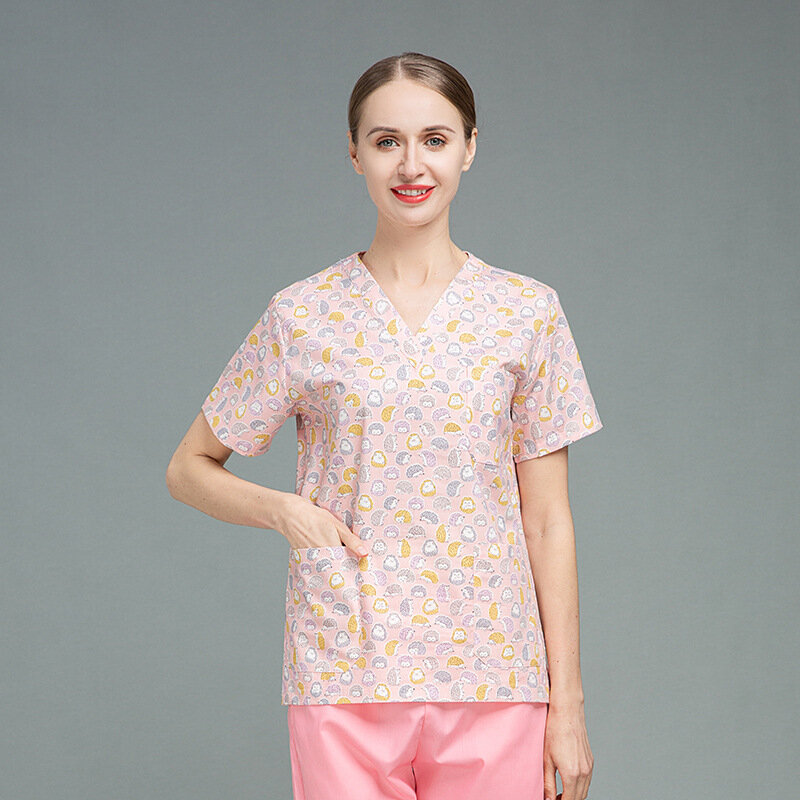 Bluzki chirurgiczne z krótkim rękawem do salonu piękności z mundurek roboczy bawełnianym dekoltem w szpic bluzka akcesoria pielęgnacyjne