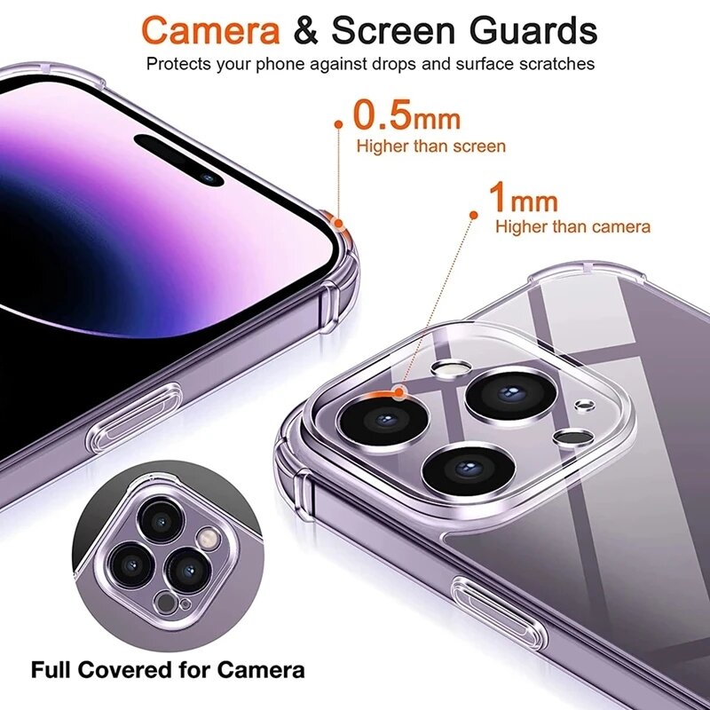 Funda de teléfono transparente de silicona a prueba de golpes, carcasa trasera de protección de lente para iPhone 13, 11, 14 Pro Max, 12 Mini, 15 PRO, XS MAX, XR, X