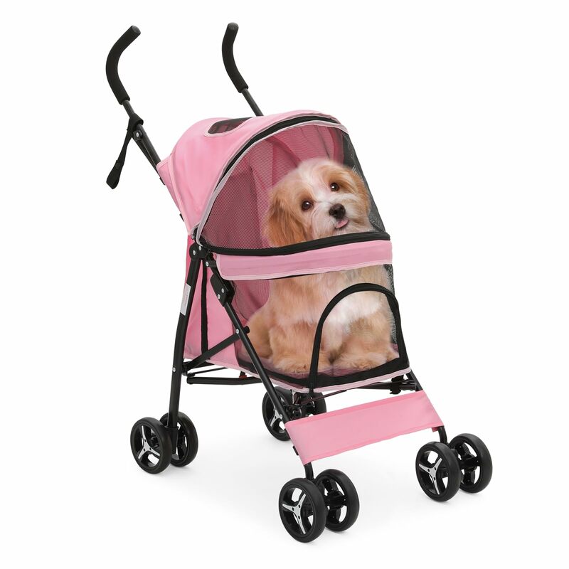 Pink Easy-Fold Pet Stroller: Sun Cover, Breathable Mesh, for Pet up to 22lbs