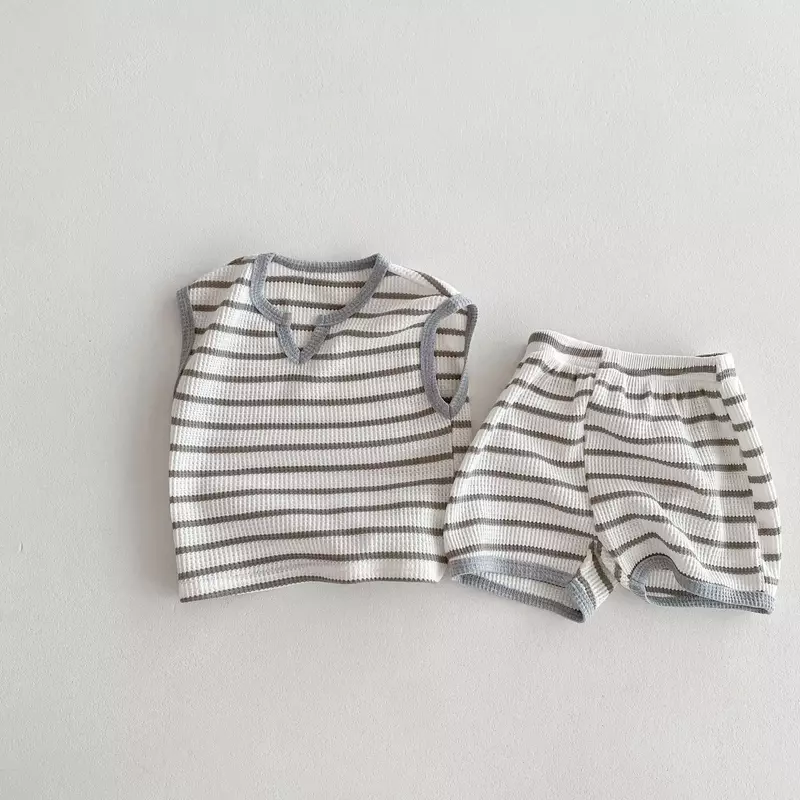 2024 Sommer neue Kinder ärmellose Kleidung Set Baby Vintage gestreifte T-Shirts Shorts 2 stücke Anzug Kinder Mädchen Pyjama Outfits
