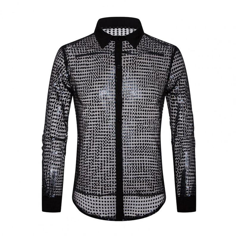 Fashionable Men Shirt Stylish Men's Sequin Embellished Lapel Shirt with See-through Design Skin-friendly Fabric for Breathable