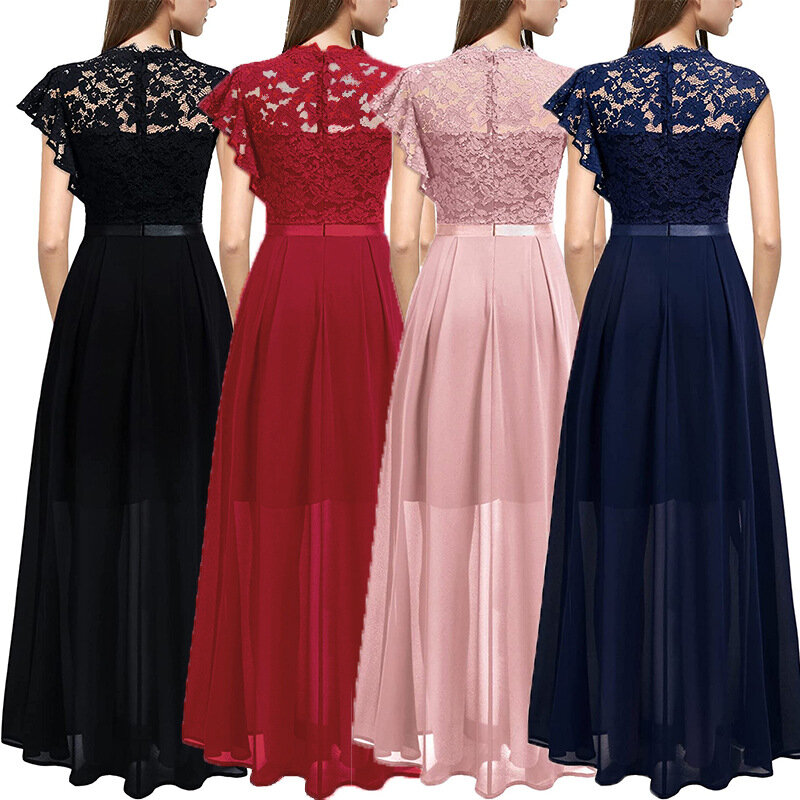 Maxi vestido de noche Formal elegante para mujer, sin mangas, cuello redondo, rosa y negro, vestidos de fiesta de boda, vestidos de graduación de encaje dividido Vintage