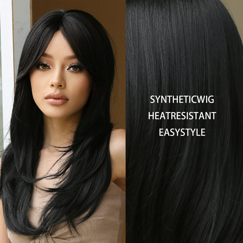 HAIRCUBE Perruques synthétiques longues droites pour femmes noires, cheveux noirs naturels, couches, degré de chaleur, cosplay