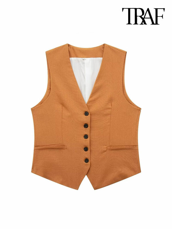TRAF-Chaleco de lino con botones delanteros para mujer, sin mangas con cuello en V Vintage ropa de abrigo, Tops elegantes