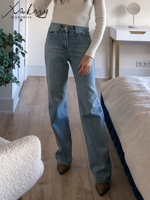 MiuKoMiYa-pantalones vaqueros de pierna ancha para mujer, femeninos de Vaqueros cintura alta, color gris, Estilo Vintage, rectos, a la moda, 2023