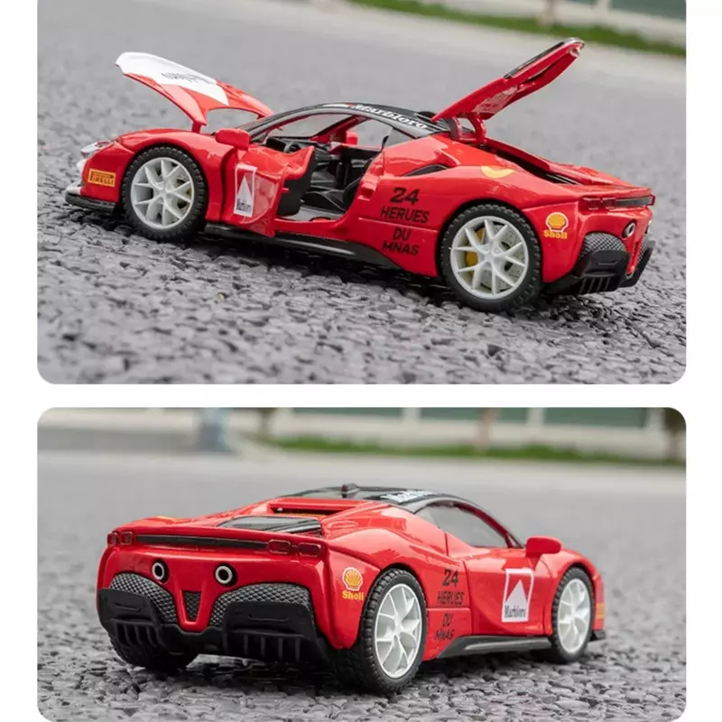 Ferrari SF90-Modèle réduit de voiture de sport en alliage métallique moulé sous pression, échelle 1:32, son et lumière, avec boîte en acrylique, jouet de collection, idéal comme cadeau pour enfant