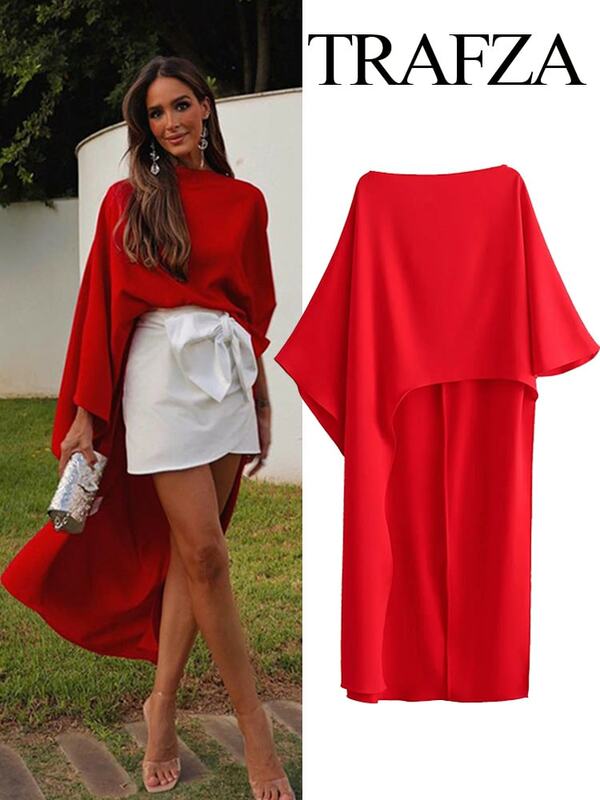 TRAFZA Autumn Women's Asymmetric Cape Style Red Satin Shirt Fashionable Round Neck Women's Casual Long Shirt Holiday Style 2024