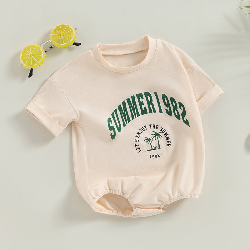 2024-03-21 Lioraitiin Summer Baby Girls Boys Romper Letter Tree Print Round Neck Short Sleeve Casual Jumpsuits Clothes