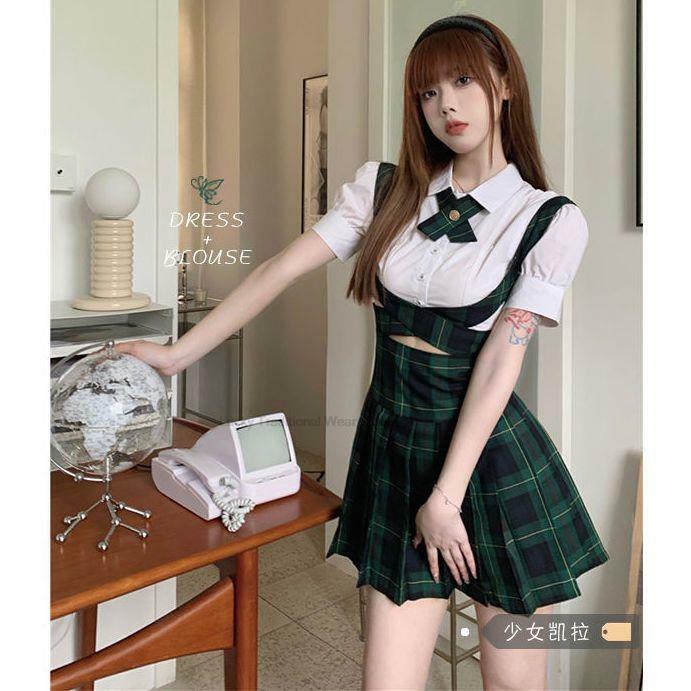 Japan Korea School Uniform Jk Verbeterde Mode Pak Jk Pak Vrouwen Pofte Mouw Shirt Strappy Rok Bretels Geplooid Rok Set