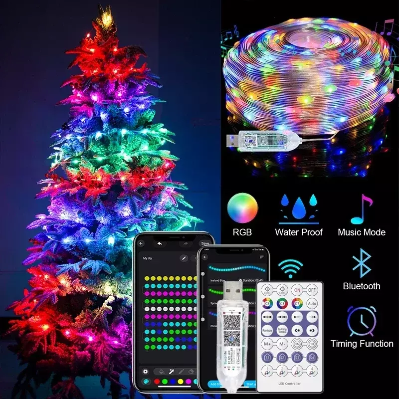 야외용 크리스마스 트리 스트링 조명, 블루투스, WS2812B, RGBIC 요정 LED 스트링 조명, 파티 웨딩 축제 화환 장식, 40M