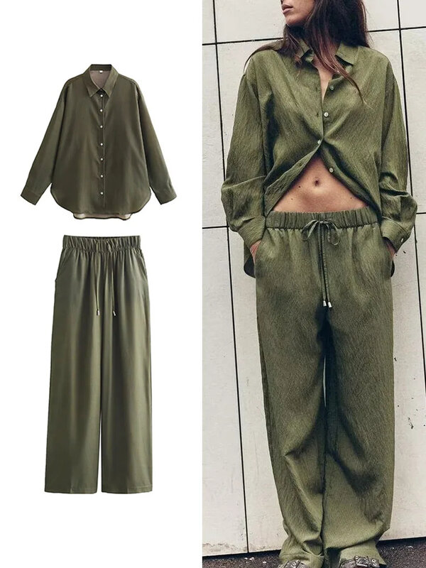 Spring Solid Pajamas for Women Shirt Pant Home Suit Lapel Loose Shirt and Wide Leg Pants Set Summer Vintage Fashion Loungewear