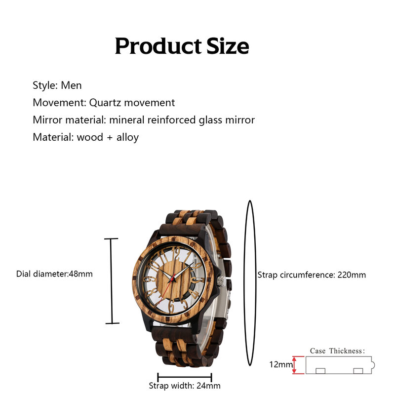 Transparente tiefbraune Skelett arabische Ziffern Zifferblatt Quarz Holz Herren uhr, Quarz Naturholz Armband Uhren für Herren