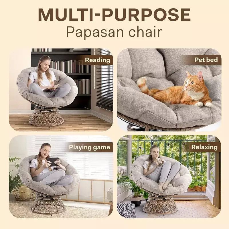 Ergonomiczne wiklinowe krzesło Papasan z miękką, grubą poduszką z tkaniny, stalowa rama o dużej pojemności, obracana o 360 stopni