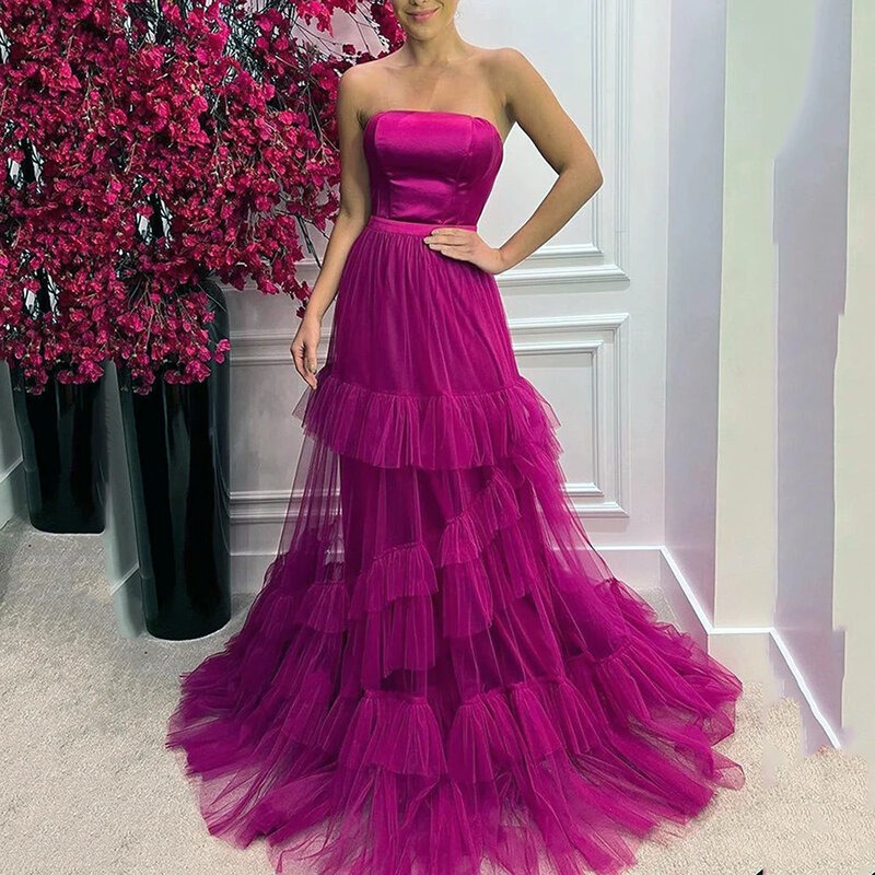 女性のための紫色のチュールのイブニングドレス,エレガントなストラップレスのガウン,フォーマルなパーティードレス