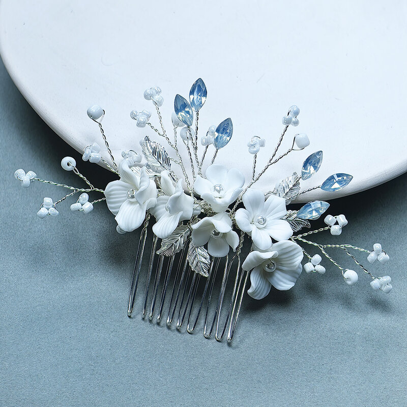 Wedding Flower Hair Comb para Mulheres e Meninas, Opala De Cristal, Pente Lateral De Noiva, Porcelana Headpiece