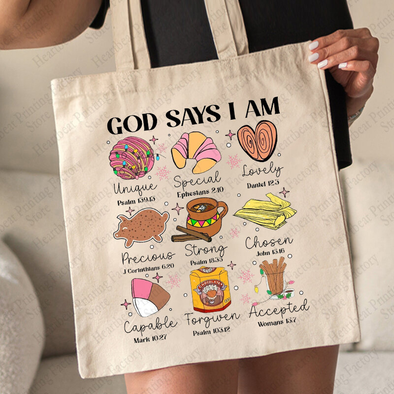 God Says I Am 멕시코 패턴 토트백, 캔버스 숄더백, 기독교 일상 통근 여성, 재사용 가능한 쇼핑백