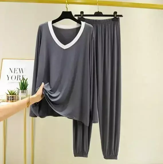 Beam Cotton Pant Sleeve New Pajamas Winter Autumn Pijama Long Clothes Piece Set Loose Women Two Feet V-neck Sleepwear Home