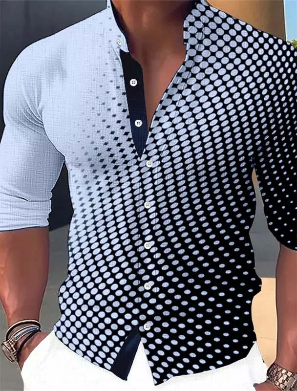 Camisa de manga larga con estampado de lunares para hombre, camisa con botones, cuello de pie geométrico, ropa de diseñador de ocio callejero, Color sólido, 2024