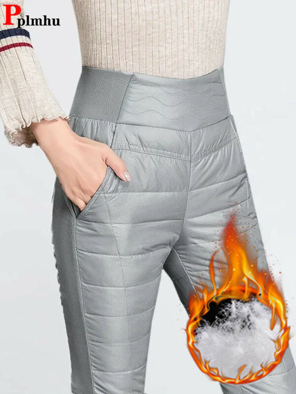 Celana olahraga katun pinggang tinggi hangat celana melar sisi ramping kasual musim dingin pakaian salju wanita klasik Patchwork tebal Pantalons ketat