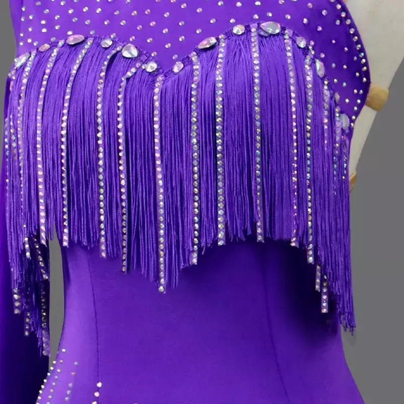 女性のための紫色のラタンダンスフリンジドレス、プロの競技衣装、セクシーな女の子のパーティースカート、cha-chaラインスーツ
